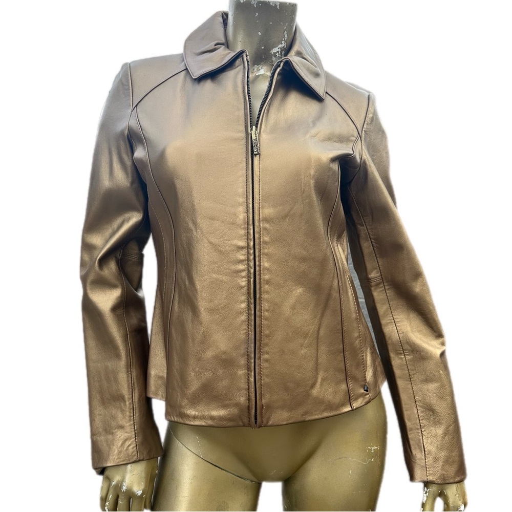 Y2K BLACK RIVET FRONT ZIP COLLARED METALLIC LEATHER JACKET SIZE S